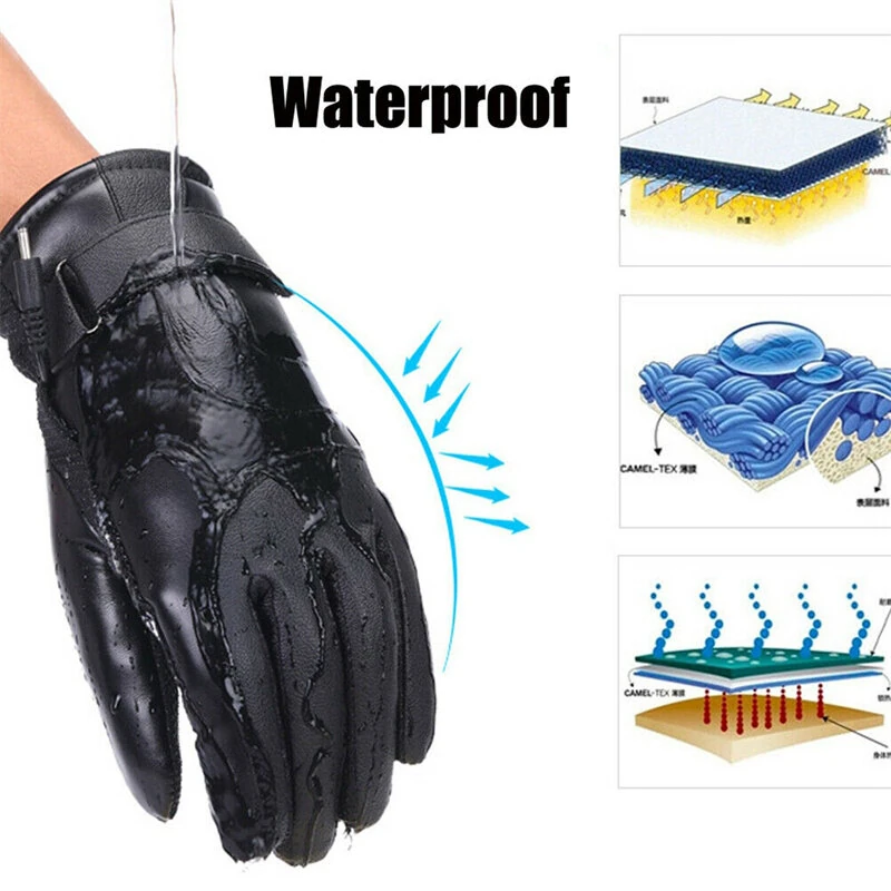 (image for) TENGOO USB Electric Heated Thermostatic Gloves Waterproof PU Touchscreen Heated Gloves Winter Motorcycle Riding Hand Warm Gloves